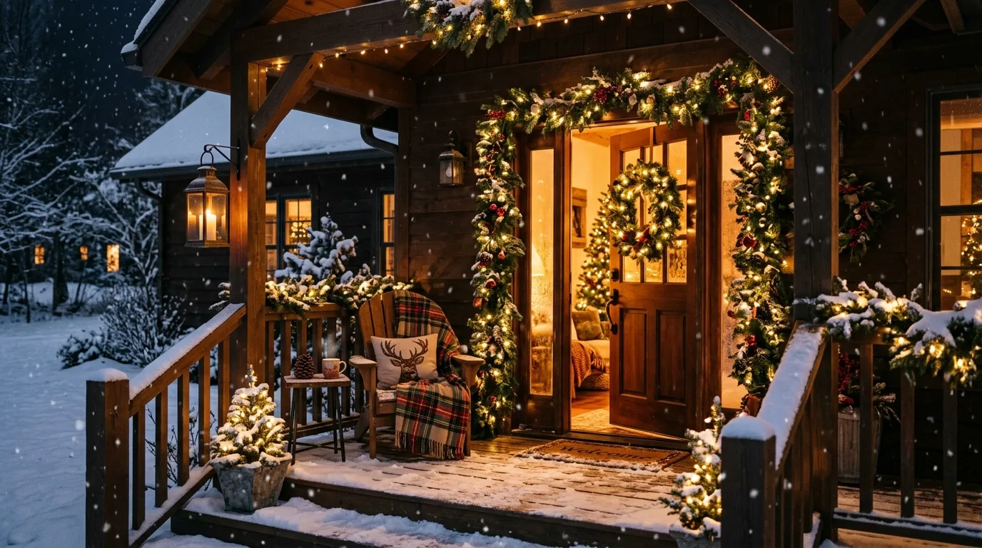 Add cozy texture with baskets blankets or wood details inspiration for a Christmas porch.